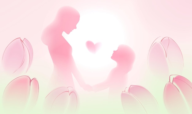 mothers day horizontal illustration mother and child surrounded by tulips