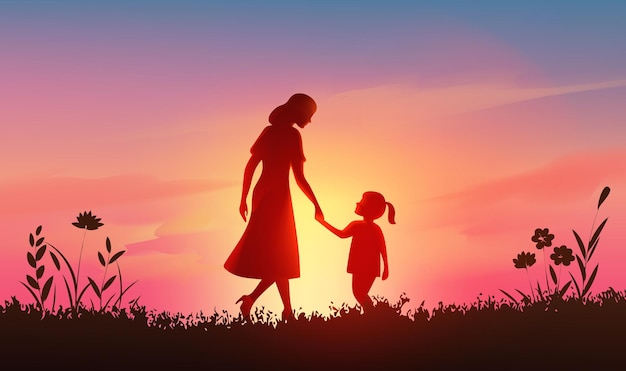 母の日の横のイラスト 夕暮れに母親が子供を抱いている