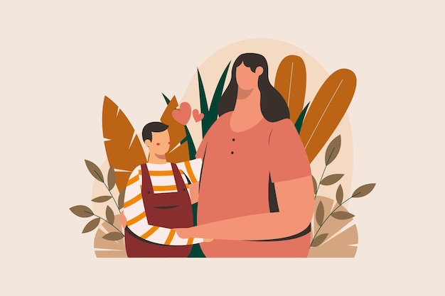 Vector mothers day illustration with mom and son surrounded by leaves