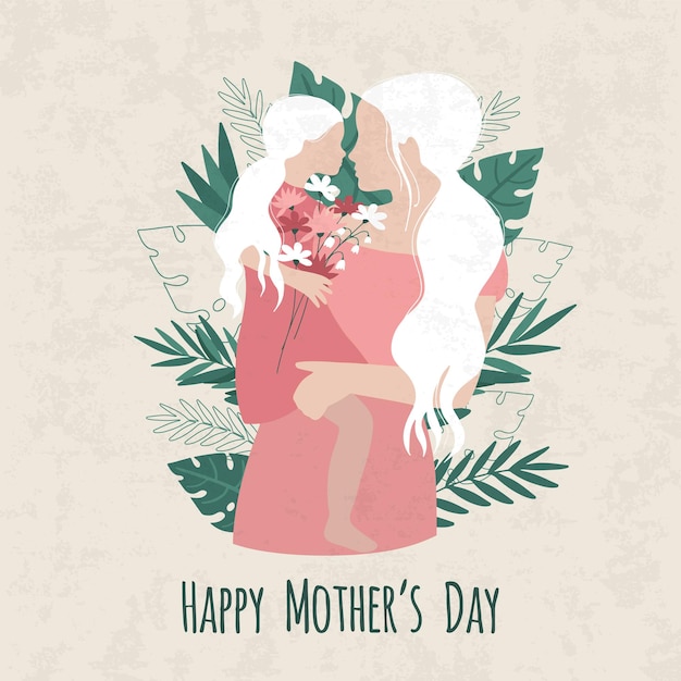 Mothers day Illustration with mother and daughter silhouette and sweet wishes