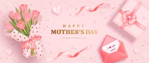 Mothers day poster or banner with tulips