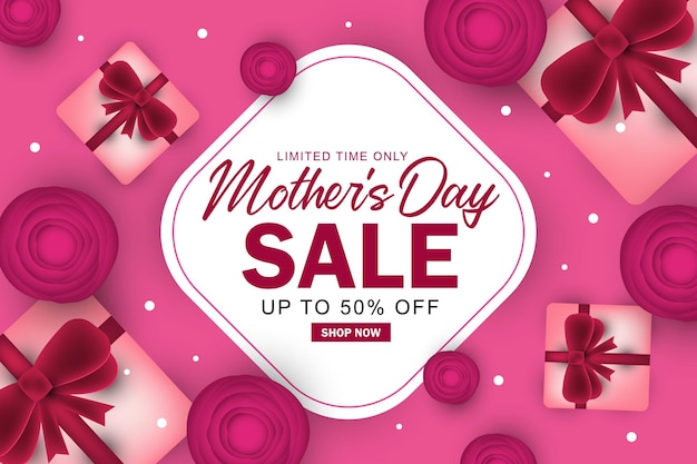 Mothers day sale banner design with gift box and flowers