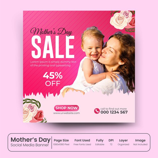 Vector mothers day sale social media banner design with beautiful hearts and flowers