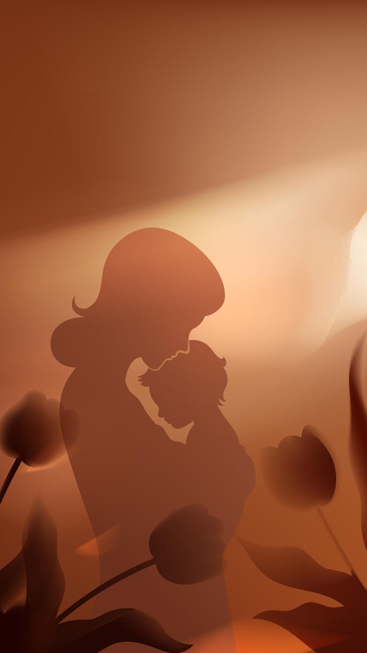 Vector mothers day vertical illustration of a mother and child in light and shadow