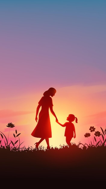 母の日の垂直イラスト 夕暮れに母親が子供を抱いている