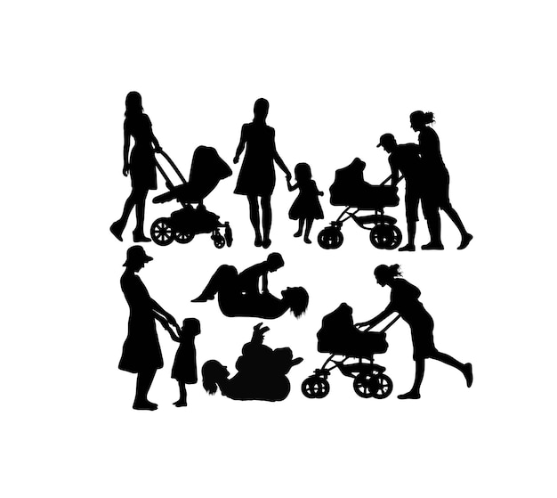 Mothers With Baby Strollers Silhouettes art vector design