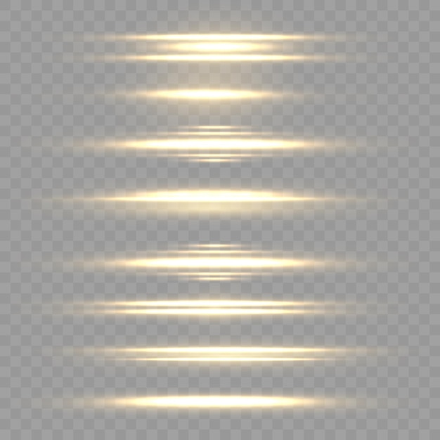 Motion effect Moving fast lines Speed line Laser beams Horizontal gold light rays Glow flare Vector