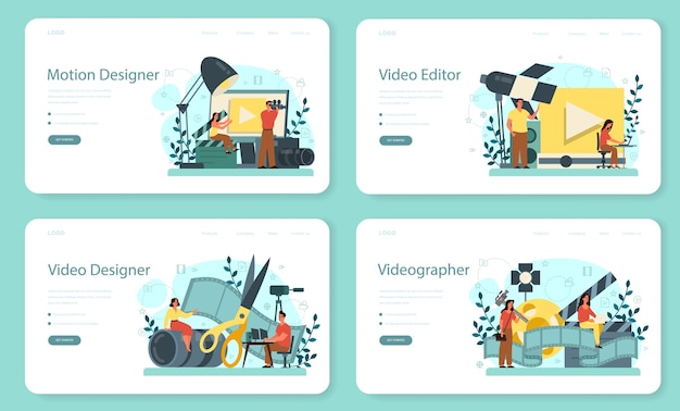 モーションまたはビデオデザイナーのwebランディングページセット。アーティストは、マルチメディアプロジェクト用のコンピューターアニメーションを作成します。アニメーションエディター、漫画制作。ベクトルイラスト