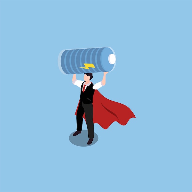 Vector motivated businessman with cape flying carry fully charged battery