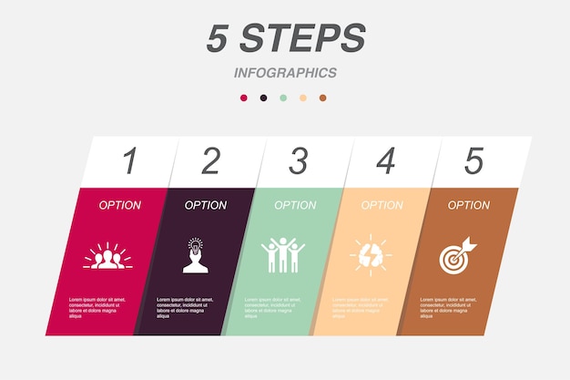 Motivatie inspiratie succes brainstormen doel pictogrammen Infographic ontwerpsjabloon Creatief concept met 5 stappen