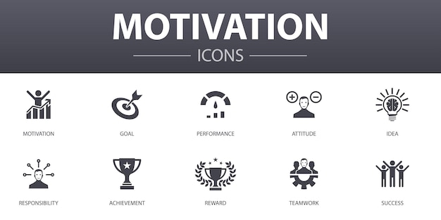 Набор иконок простой концепции мотивации. Содержит такие значки, как цель, производительность, достижение, успех и многое другое, может использоваться для Интернета, логотипа, пользовательского интерфейса / пользовательского интерфейса.