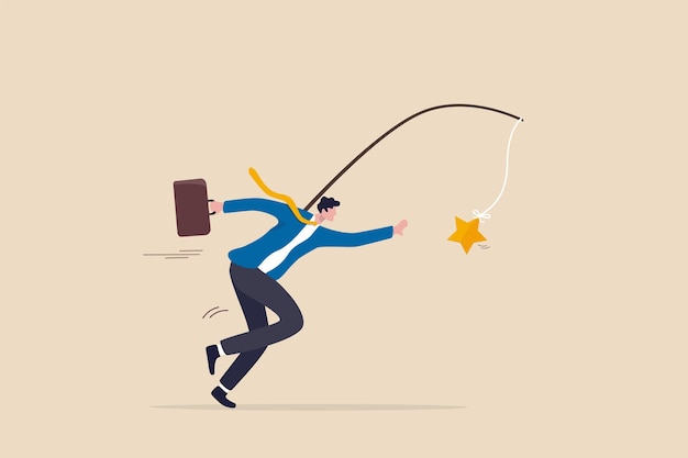 Vector motivation to success incentive or reward to motivate employee chasing for reward or work success aspiration concept ambitious businessman running with carrot stick trying to grab star prize award