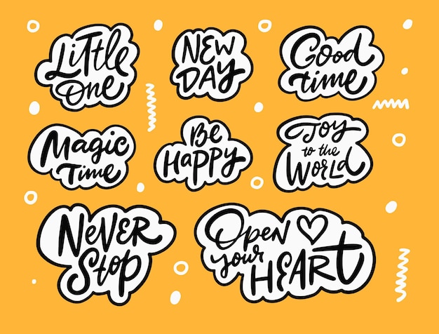 Motivation text set hand drawn black color lettering phrases doodle vector illustration