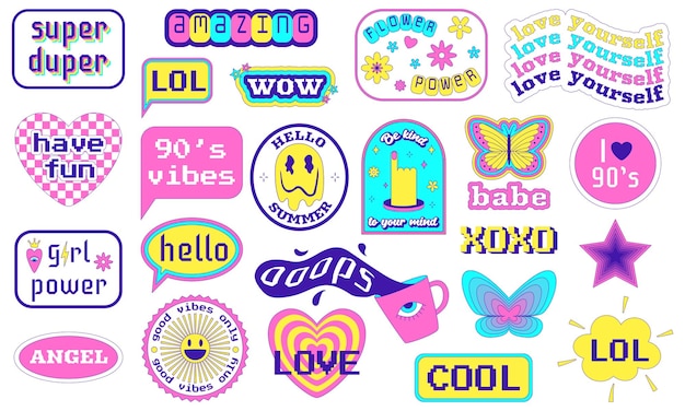 Motivational Inspirational Stickers groovy retro set Pop Art Patches with slogan lips heart butterfly psychedelic mushrooms Y2k positive groovy patches in geometric shapes Vector illustration