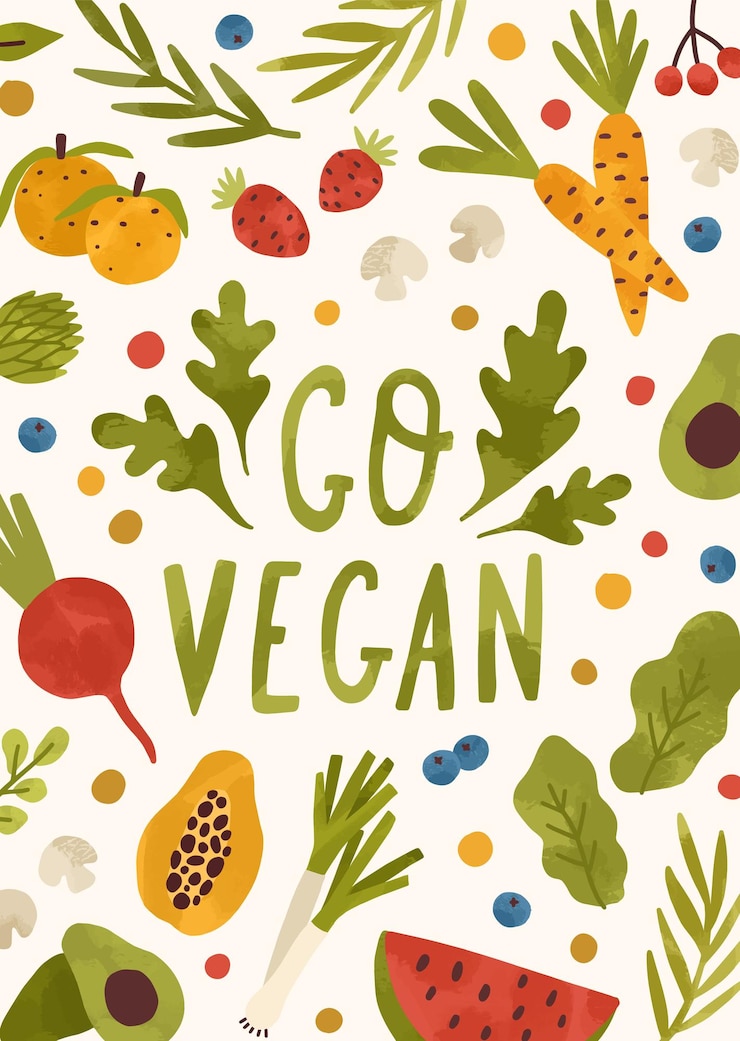 Vector motivationele verticale poster met go vegan-letters versierd met groenten, bessen, groenten en fruit. platte vectorillustratie van vegetarische plakkaat of kaart met plaats voor tekst.
