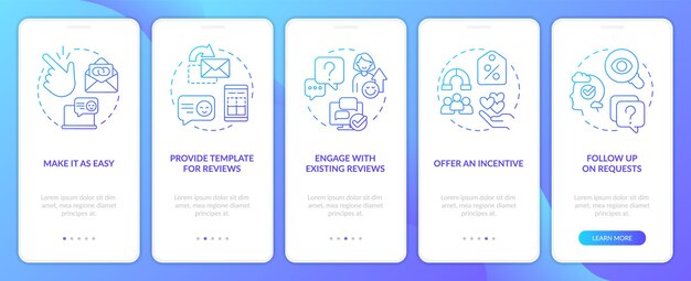 Motiverende klanten om feedback te geven blauw kleurverloop onboarding mobiele app-scherm