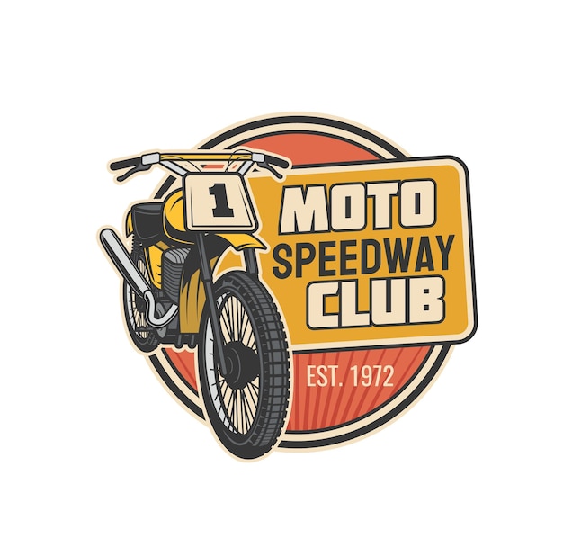 Moto speedway club icona vettoriale di moto sportiva o veicolo a motore con ruote, motore e targa di gara. progettazione di simboli isolati da competizione, motocross e rally di motociclismo