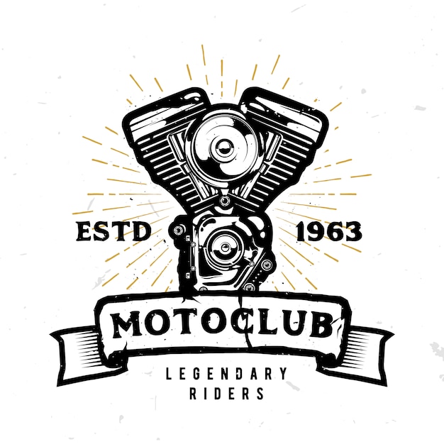 Vettore logo motoclub con motore motociclistico altamente dettagliato in stile monocromatico