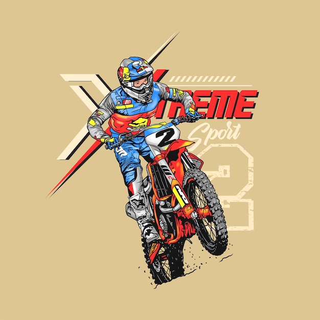 Tシャツとポスターのアクションベクトルイラストデザインのモトクロスエクストリームスポーツライダー