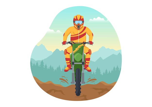 Vettore illustrazione di motocross con un pilota in sella a una bicicletta e avventura in extreme sport cartoon disegnato a mano