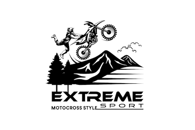 Vettore motocross logo design freestyle motocross sport estremo con concetto di natura di montagna