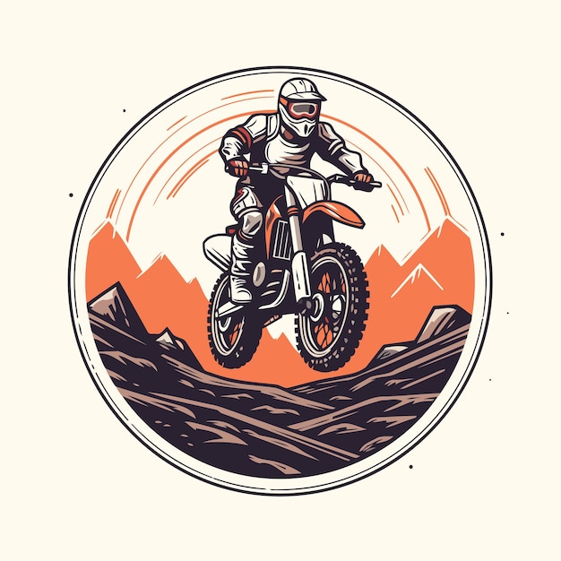 Векторная иллюстрация гонщика мотокросса в шлеме, едущего по горной дороге