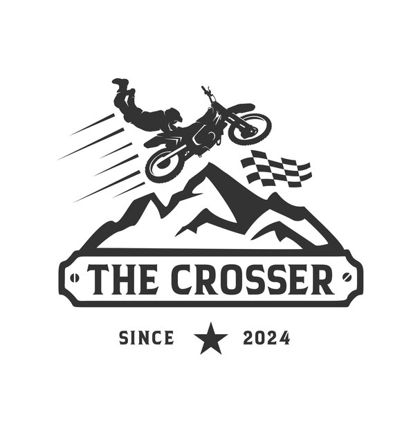 Motocross rider jumping logo design on motorcycle isolated vector silhouette