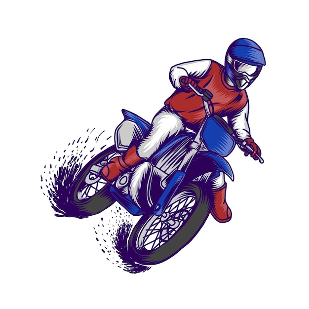 オートバイのモトクロス ライダー。マッドトラックでダートバイクに乗る。レトロなデザイン、手描きヴィンテージ