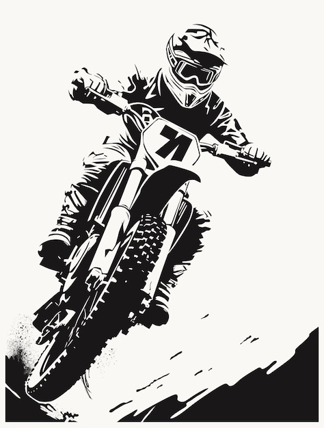 Motocross rider on the track Black and white vector illustration