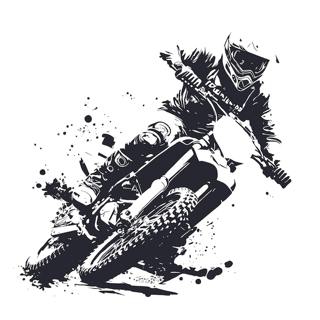 Motocross rider vector line art illustration with grunge brush background