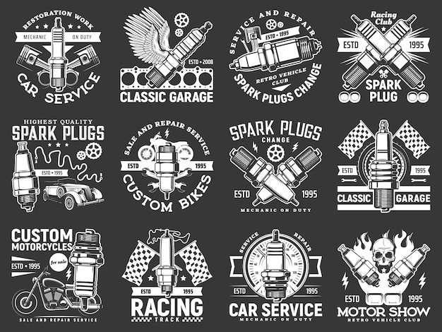 Motor show car and motorcycle service icons