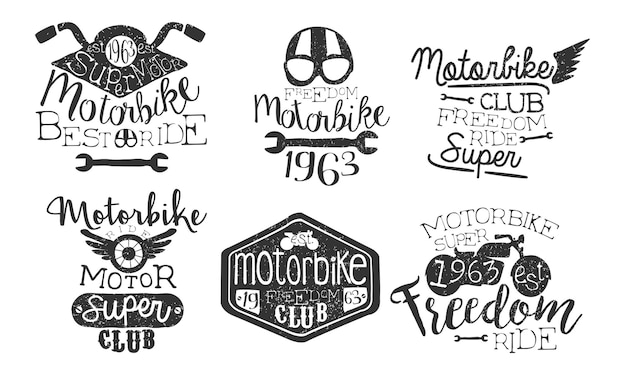 Vector motorbike club retro labels set freedom ride hand drawn badges monochrome vector illustration