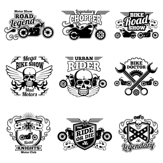Мотобайк-клуб винтажные векторные патчи. мотоциклетные гоночные этикетки и эмблемы