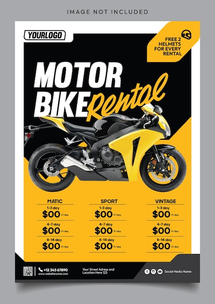 Modello di volantino moderno per la promozione del noleggio di moto