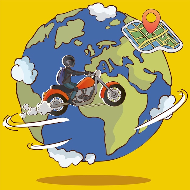 Motorcycle on the background of the world map Vector illustrationvector of people traveling around