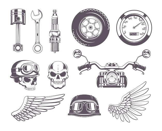 Vettore distintivi moto etichette moto da viaggio per motociclisti club elicotteri cranio tatuaggio modelli vettoriali esatti monocromatici
