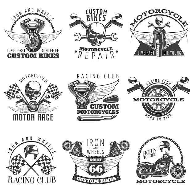ベクトル カスタムバイクの説明が設定されたオートバイの黒いエンブレムセットベクトル図に乗るために生まれた高速死ぬ若いレーシングクラブ