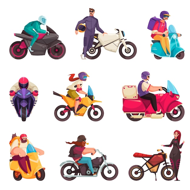 Vettore le icone del fumetto del motociclo hanno messo con i motociclisti maschii e femminili e le bici hanno isolato l'illustrazione di vettore