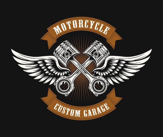 Vettore disegno dell'emblema del club motociclistico con ali e pistoni incrociati