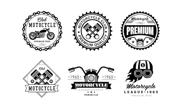 Vector motorcycle club logo set retro badges for biker club auto parts store repair service vector illustration isolated on a white background