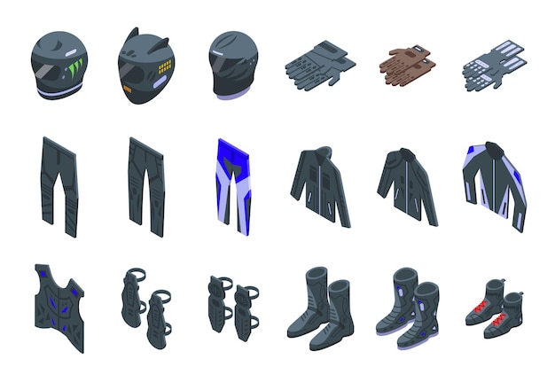 Vector motorcycle equipment icons set isometric vector jacket helmet