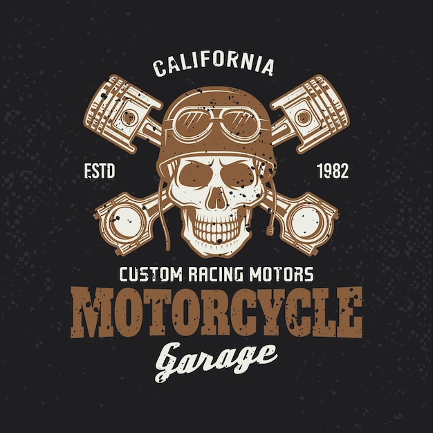 Motorcycle garage biker vintage emblem or tshirt print with skull in helmet and two crossed pistons on dark background Vector illustration with removable grunge textures