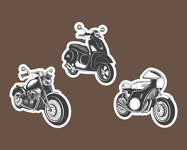 Motorcycle labels icon set on brown background