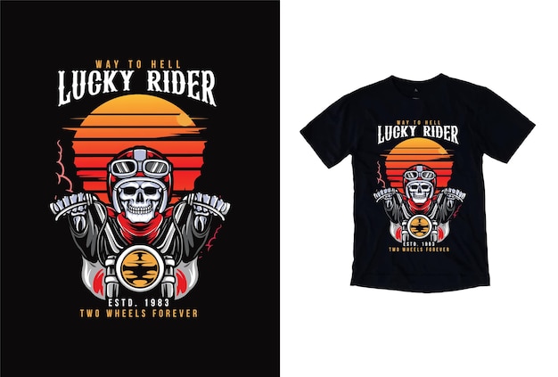 Motocicletta lucky rider a due ruote per sempre estd 1983 t-shirt mockup in stile disegnato a mano vettore.