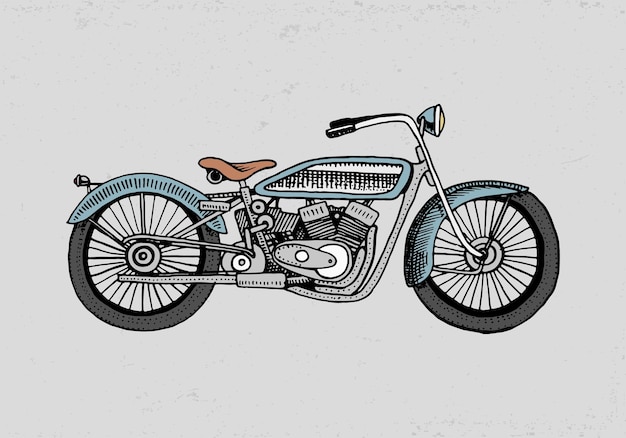 Иллюстрация мотоцикла или мотоцикла, выгравированная вручную в стиле старого эскиза винтажного транспорта