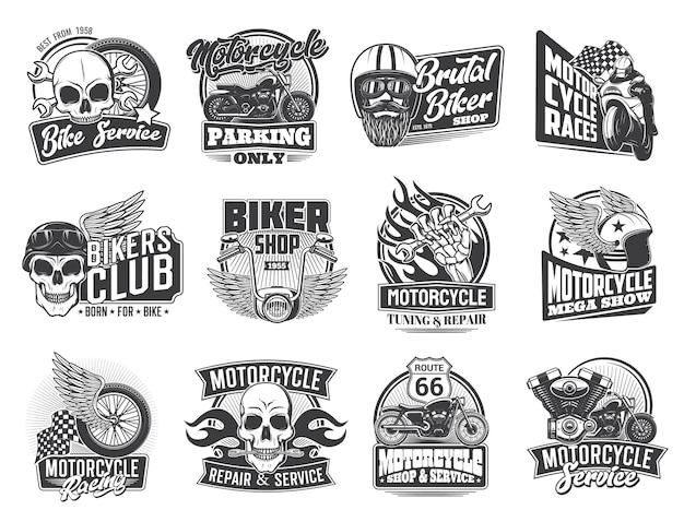 Vector motorcycle races and biker garage icons