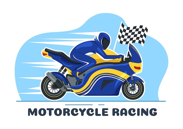 ランディングページ用のレーサーライディングモーターを使用した競馬場のイラストのオートバイレース選手権