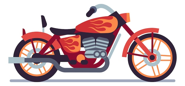 Motorcycle Red biker motorbike with orange flame graffiti classic vehicle road racing speed extreme driving modern moped travel and sport transport vector flat isolated illustration