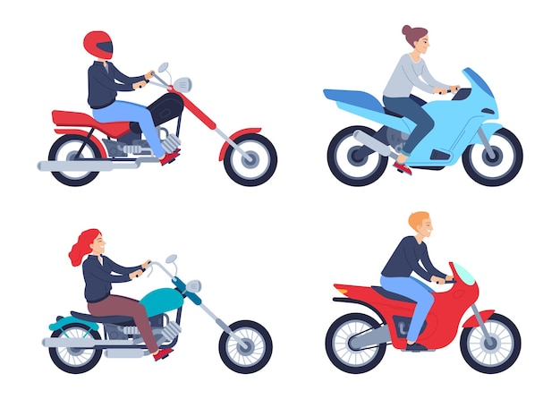 オートバイのライダー スクーターとオートバイのヘルメットをかぶった人々 スポーツ車とクラシックな車を運転する女性と男性のキャラクター スピード都市交通の極端な乗り物分離ベクトルセット