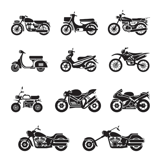 Vector motorcycle types objects black and white, silhouette set